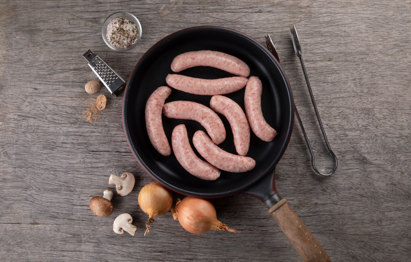 Sausages blended and linked fresh in the shop each week.
